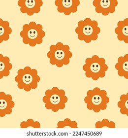 seamless pattern with orange flowers with smile and eyes, in the style of a hippie on a yellow background.	