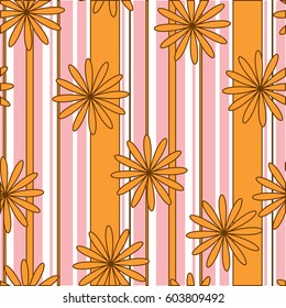 seamless pattern orange flowers striped pink, orange, white background.