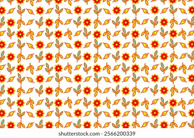 Seamless pattern of orange flowers with a yellow center circle, green leaves, and orange branches. This design is arranged regularly, giving the impression of symmetry and neatness.