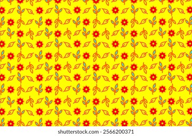 Seamless pattern of orange flowers with a yellow center circle, green leaves, and orange branches. This design is arranged regularly, giving the impression of symmetry and neatness.