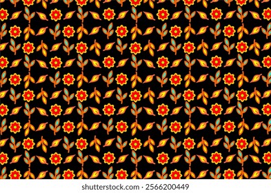 Seamless pattern of orange flowers with a yellow center circle, green leaves, and orange branches. This design is arranged regularly, giving the impression of symmetry and neatness.