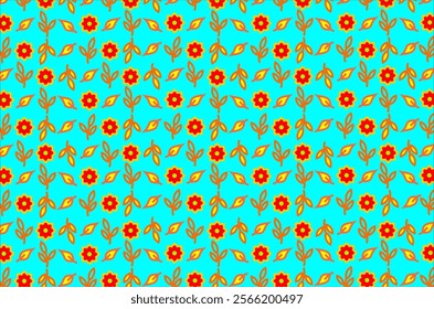 Seamless pattern of orange flowers with a yellow center circle, green leaves, and orange branches. This design is arranged regularly, giving the impression of symmetry and neatness.