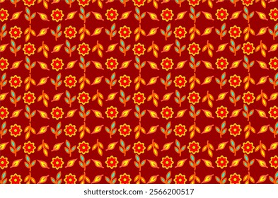 Seamless pattern of orange flowers with a yellow center circle, green leaves, and orange branches. This design is arranged regularly, giving the impression of symmetry and neatness.