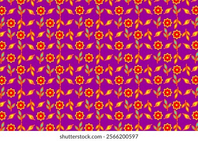 Seamless pattern of orange flowers with a yellow center circle, green leaves, and orange branches. This design is arranged regularly, giving the impression of symmetry and neatness.