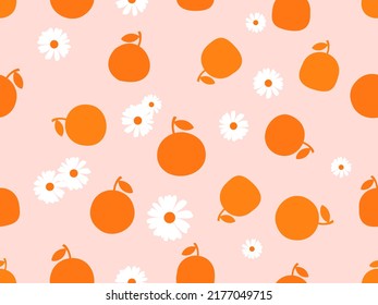 Seamless pattern with orange fruit and daisy flower on pink background vector illustration.