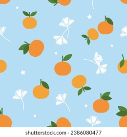 Seamless pattern with orange fruit and flower on blue background vector illustration. Cute fruit print.
