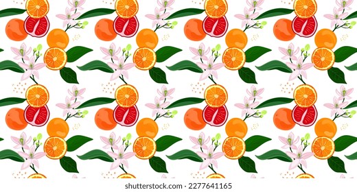 Seamless pattern orange fruit with flowers and leaves on white background. Grapefruit and orange vector illustration. Healthy food. Fruits, flowers and leaves.