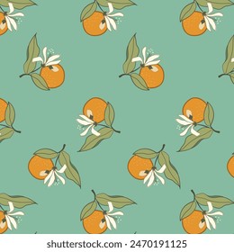 Patrón inconsútil de fruta naranja y flores sobre fondo turquesa. Impresión simple del verano de la rejilla madura de los cítricos.