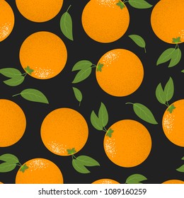 Seamless Pattern with Orange Fruit. Fresh Background with Stylized Citrus Fruits and Green Petals. Seamless Pattern with Vector Oranges for Wallpaper, Tablecloth, Paper, Fabric, Textile, Design.
