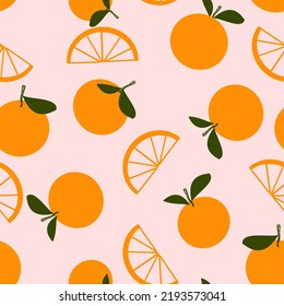 Seamless pattern of orange fruit with green leaves on pink background vector illustration.
