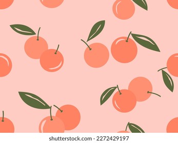 Seamless pattern with orange fruit and green leaves on pink background vector illustration. Cute fruit print.