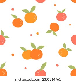 Seamless pattern with orange fruit and green leaves on white background vector illustration.