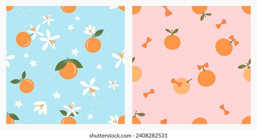 Seamless pattern with orange fruit, green leaf and cute flower on blue and pink backgrounds vector. Cute fruit print.