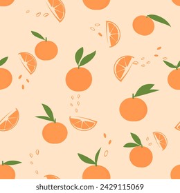 Seamless pattern with orange fruit  and green leaf on orange background vector.