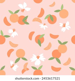 Seamless pattern with orange fruit, green leaves and cute flower on pink background vector. Cute fruit print.