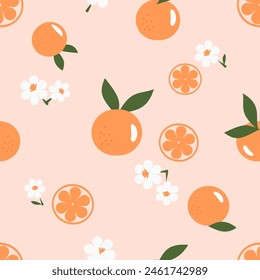 Seamless pattern with orange fruit, green leaves and cute flower on pink background vector. Cute fruit print.