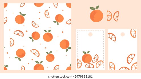 Seamless pattern of orange fruit with green leaves on white background vector. Orange icon, Orange tag signs vector.