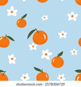 Seamless pattern of orange fruit with green leaves and white flower on blue background vector. Cute fruit print. 