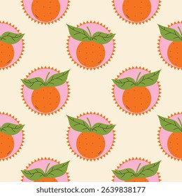 Seamless pattern with orange fruit and green leaf stickers in cartoon flat style, arranged in polka dot order on light background. Bright, fresh design for fabric, wrapping, kitchen, and summer use.