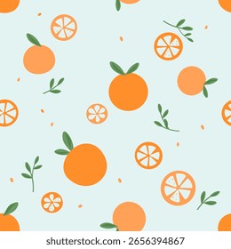 Padrão contínuo com frutas laranja, ramos verdes e sementes no vetor de fundo verde. 