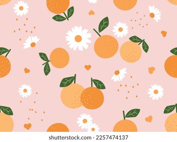 Seamless pattern with orange fruit, hearts, daisy flower and dot on pink background vector illustration. Cute fruit print.