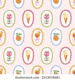 Seamless pattern of orange fruit, ice cream cone, dessert glass with cherries, and citrus cocktail in oval frames. Summer desserts. Hand drawn vector design