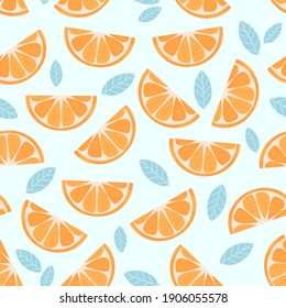 Seamless pattern with orange fruit and leaves on blue background vector illustration.