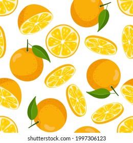 Seamless pattern with Orange fruit and leaves. Flat vector summer citrus digital paper. Food repeat background for textile, web backdrop, fabric, wrapping paper, wallpaper, scrapbooking