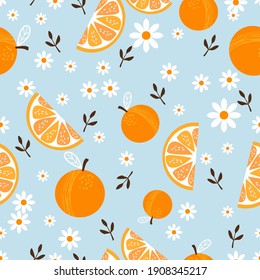 Seamless pattern with orange fruit and little flowers on blue background vector illustration. Cute fruit print.