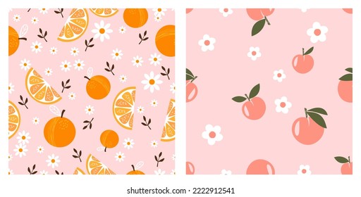 Seamless pattern with orange fruit , peach and white flower on pink backgrounds vector illustration.