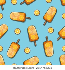 Seamless Pattern Of Orange Fruit Popsicle, Summer Ice Cream. Cartoon Illustration