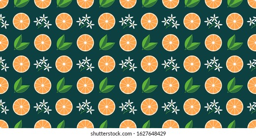 Seamless pattern with orange fruit slice, white flower bloom and green foliage. Tropical texture and background to print on fabric, textile tissue, wrapping paper and packaging. Vector illustration