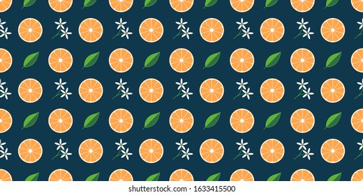 Seamless pattern with orange fruit slice, white flowers and green leaf. Tropical texture and background to print on fabric, textile tissue, wrapping paper and packaging. Vector illustration