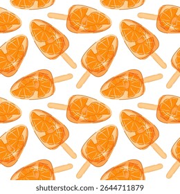 Padrão sem emenda de picolé de fatia de fruta laranja em estilo cartoon. Perfeito para café de menu de verão e design de doce deleite.