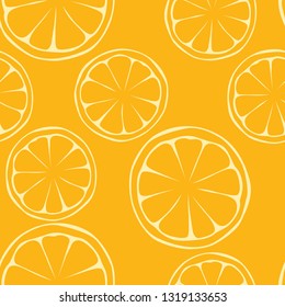 Seamless Pattern With Orange Fruit Slices On Yellow Background. Citrus Vector Illustration In Cartoon Simple Flat Style.