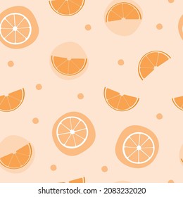 Seamless pattern with orange fruit. Slices and juice. Modern texture for wrapping paper, menu, textile.