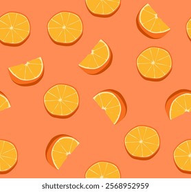 Seamless pattern of orange fruit slices on orange background.