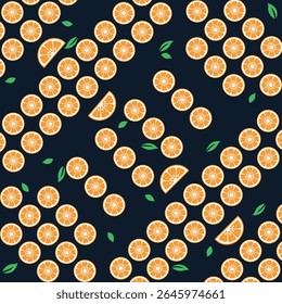 Seamless Pattern of Orange Fruit Slices and Leaves on Dark Navy Background. Fruit vector