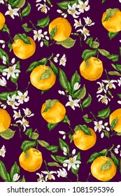 Seamless pattern with orange fruit tree branches, fruits and flowers, buds and leaves on the purple backgroud. Vector illustation 