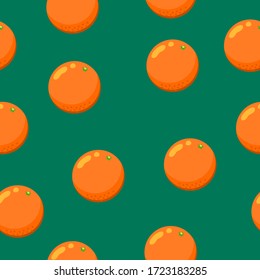 Patrón inoxidable con frutas anaranjadas. Estilo de caricatura plano. Fondo verde.Alimentos saludables. Estilo de vida vegetariano y vegetariano. Atención de salud. Cosecha. Para postales, papel pintado, papel textil y papel de envoltura