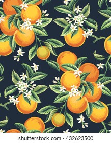 Seamless pattern with orange fruits, flowers and leaves on a dark background. Vector illustration.