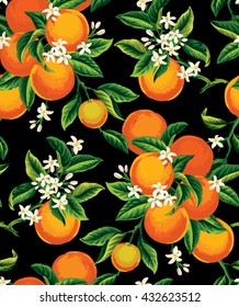 Seamless pattern with orange fruits, flowers and leaves on a black background. Vector illustration.