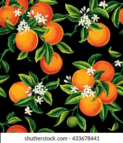 Seamless pattern with orange fruits, flowers and leaves on a black background. Vector illustration.