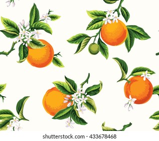 Seamless pattern with orange fruits, flowers and leaves on a light background. Vector illustration.
