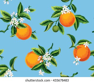 Seamless pattern with orange fruits, flowers and leaves on a blue background. Vector illustration.