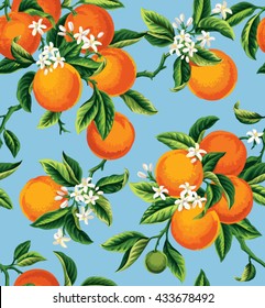 Seamless pattern with orange fruits, flowers and leaves on a blue background. Vector illustration.