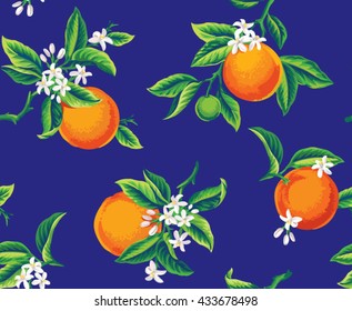Seamless pattern with orange fruits, flowers and leaves on a dark blue background. Vector illustration.
