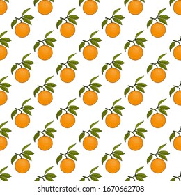 Seamless pattern with orange fruits and leaves on a white background. Vector illustration.