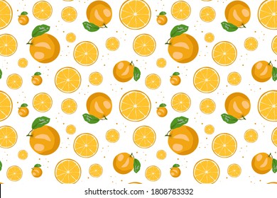 Seamless pattern with orange fruits and leaves on a light background. Vector illustration Good print for menu, recipe, card, fabric or wallpaper.