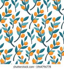 Seamless pattern with orange fruits and leaves. Fresh citrus. Exotical tropical plant. Design for print, packaging, wallpaper, textil. Flat vector illustration isolated on white background.